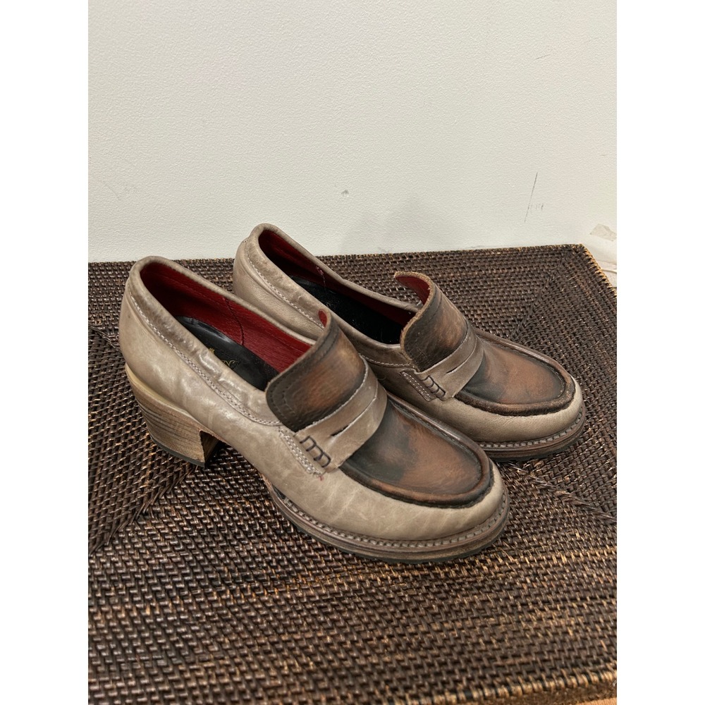 Freebird by Steven Bristol Penny Loafer Block Heels Women 7 Grey Brown Leather